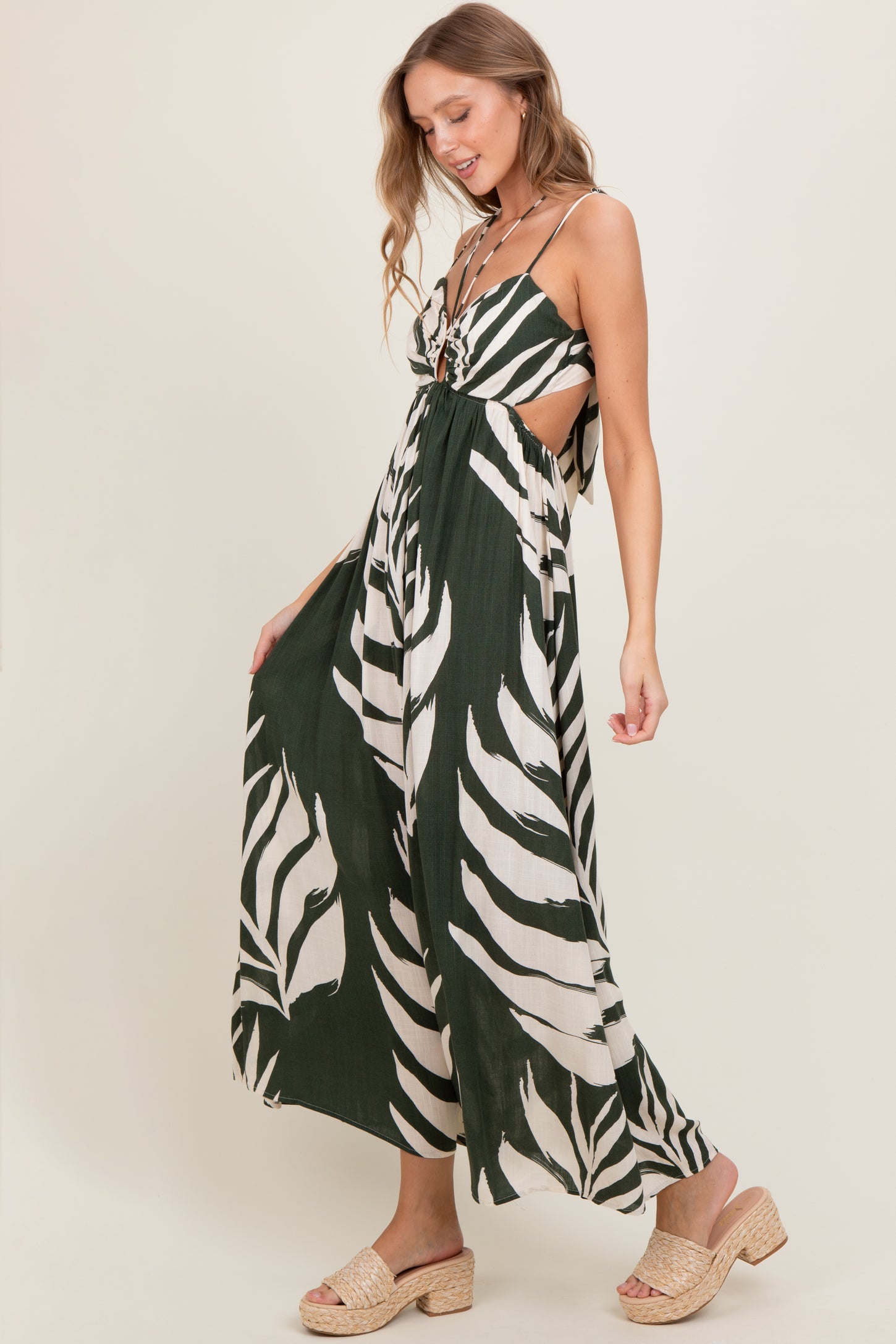 Olive Leaf Print Cutout Tie Back Maxi Dress