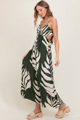 Olive Leaf Print Cutout Tie Back Maxi Dress