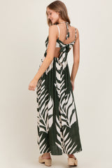 Olive Leaf Print Cutout Tie Back Maxi Dress