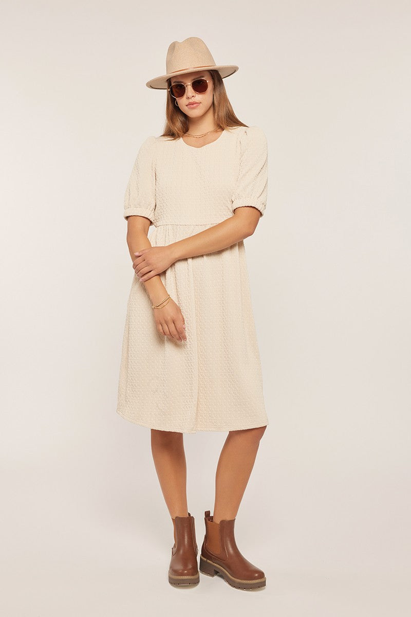 Ivory Textured Knit Puff Sleeve Midi Dress