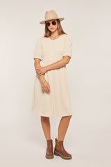 Ivory Textured Knit Puff Sleeve Midi Dress