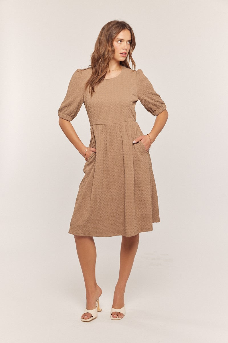 Taupe Textured Knit Puff Sleeve Maternity Midi Dress