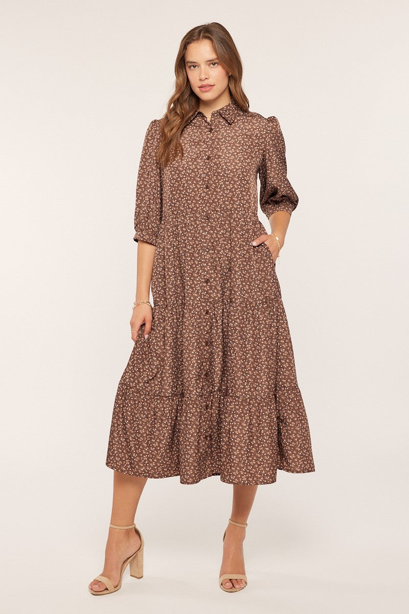 Brown Floral Tiered Shirt Midi Dress