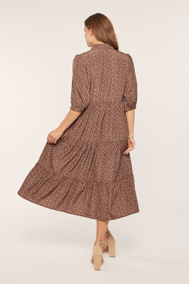 Brown Floral Tiered Shirt Midi Dress