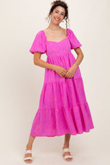 Pink Printed Puff Sleeve Tiered Midi Dress