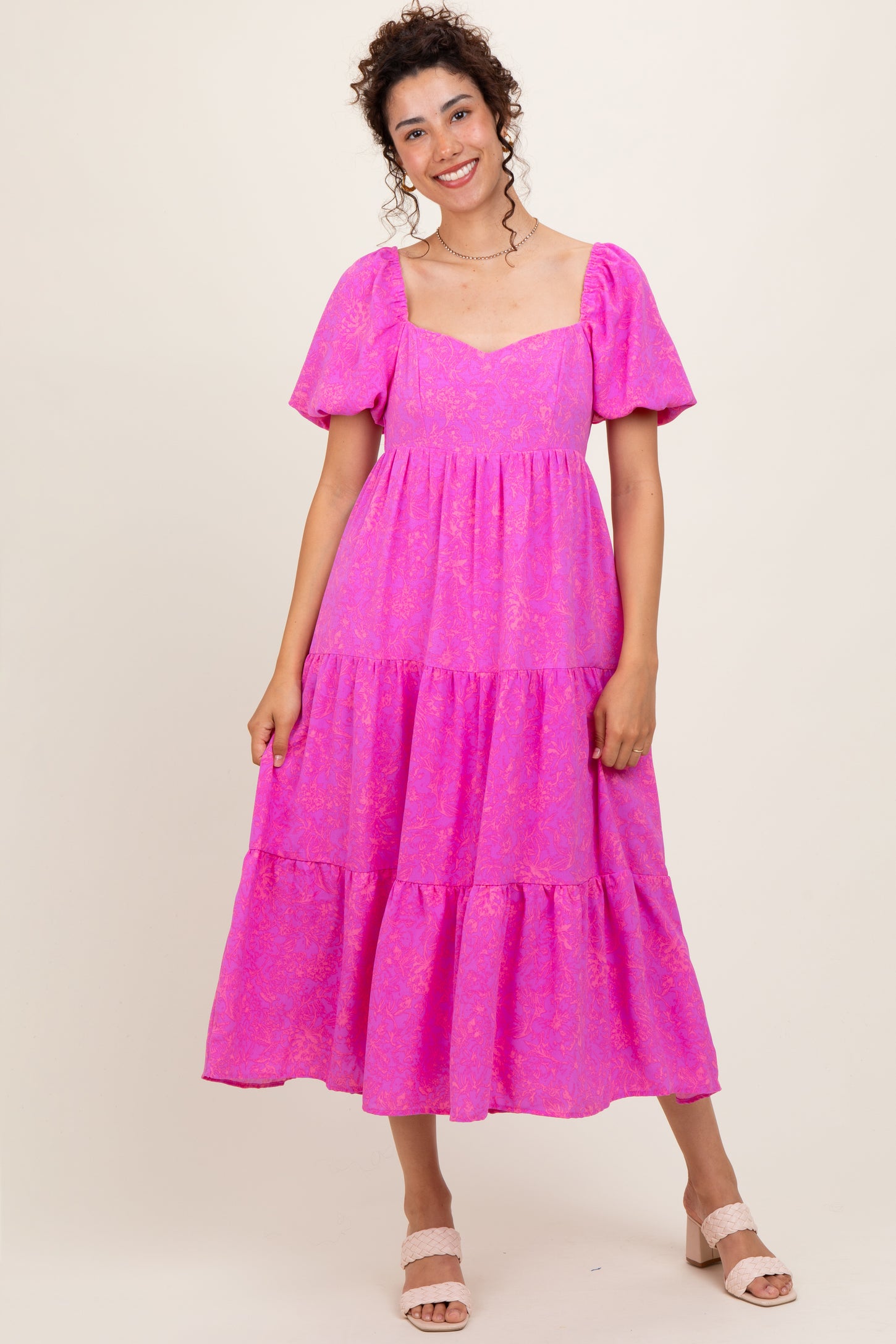Pink Printed Puff Sleeve Tiered Midi Dress