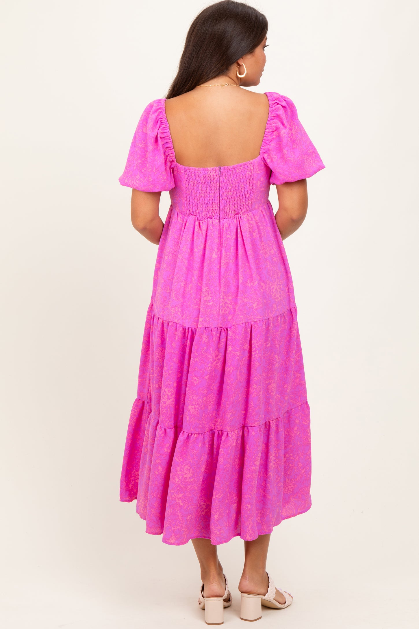 Pink Printed Puff Sleeve Tiered Maternity Midi Dress