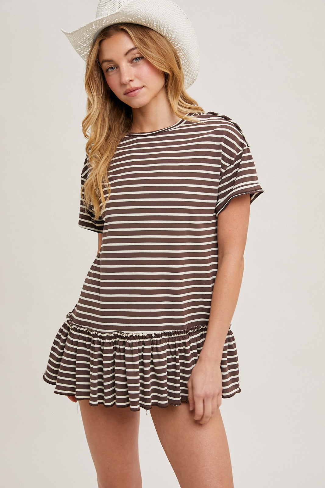 Mocha Striped Ruffle Hem Short Sleeve Top