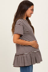 Mocha Striped Ruffle Hem Maternity Short Sleeve Top
