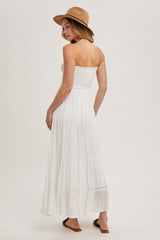 Ivory Smocked Strapless Front Tie Maxi Dress