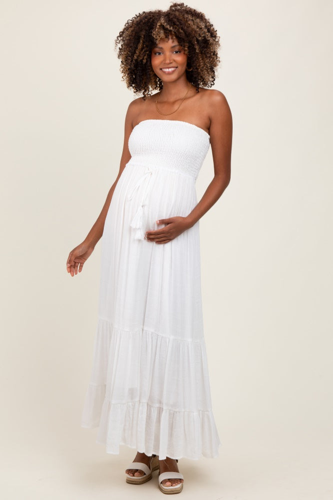 Ivory Smocked Strapless Front Tie Maternity Maxi Dress