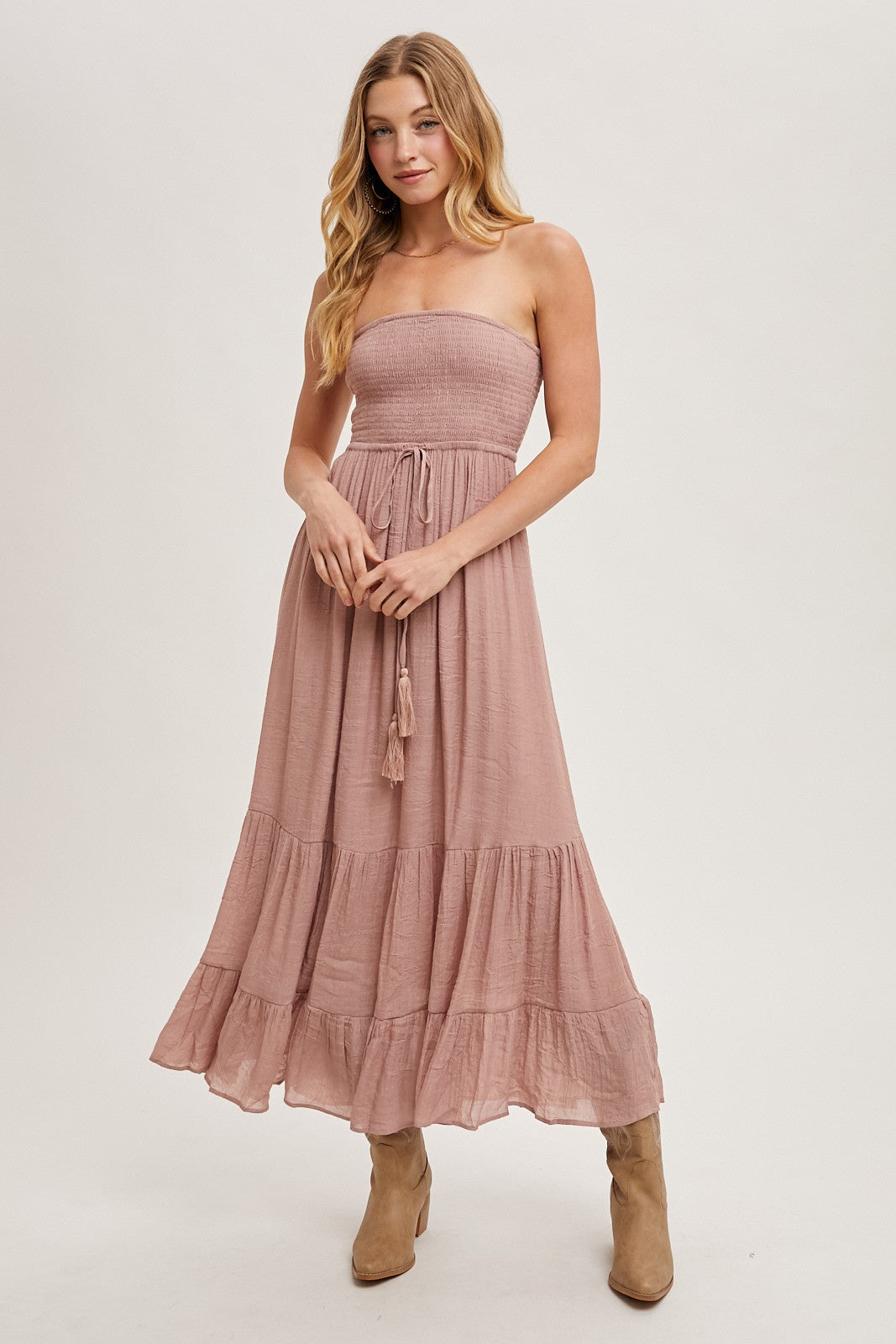 Mauve Smocked Strapless Front Tie Maternity Maxi Dress