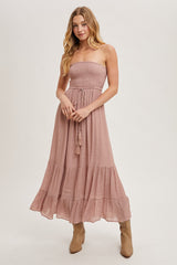 Mauve Smocked Strapless Front Tie Maternity Maxi Dress