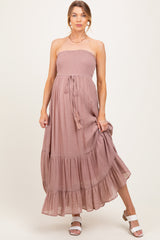 Mauve Smocked Strapless Front Tie Maternity Maxi Dress