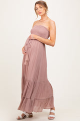 Mauve Smocked Strapless Front Tie Maternity Maxi Dress