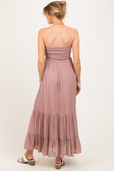 Mauve Smocked Strapless Front Tie Maternity Maxi Dress