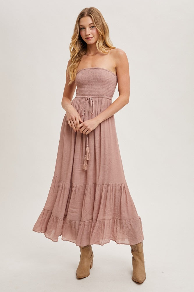 Mauve Smocked Strapless Front Tie Maxi Dress