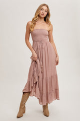 Mauve Smocked Strapless Front Tie Maxi Dress