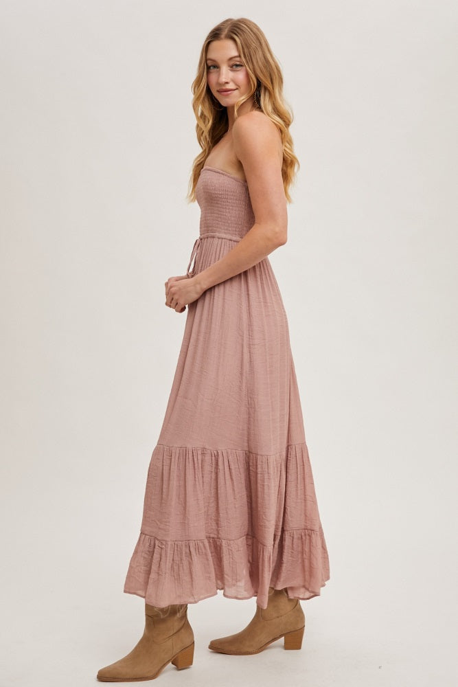 Mauve Smocked Strapless Front Tie Maxi Dress