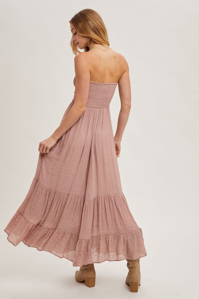 Mauve Smocked Strapless Front Tie Maxi Dress