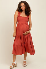 Rust Smocked Ruffle Strap Tiered Maternity Midi Dress