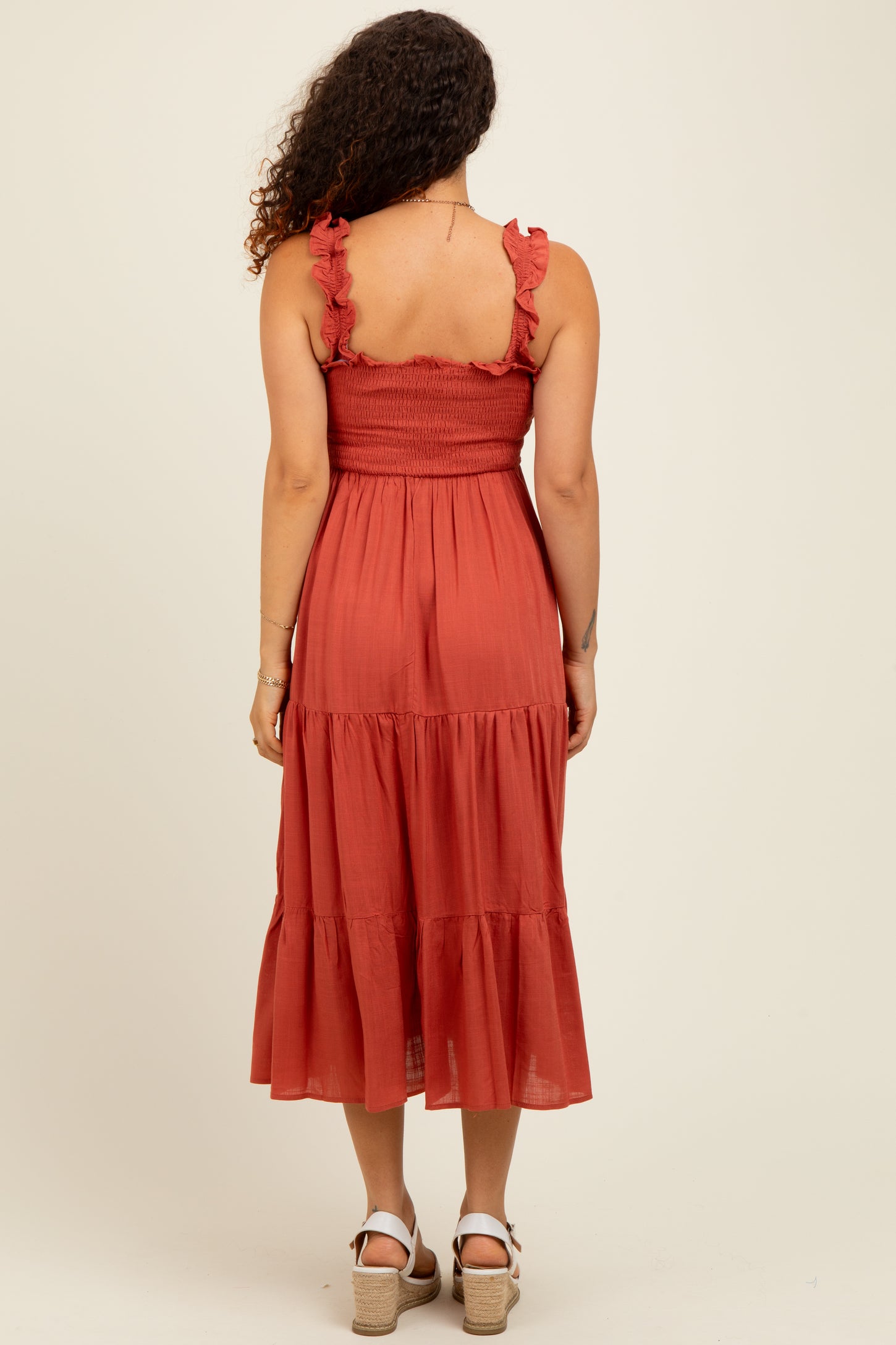 Rust Smocked Ruffle Strap Tiered Maternity Midi Dress