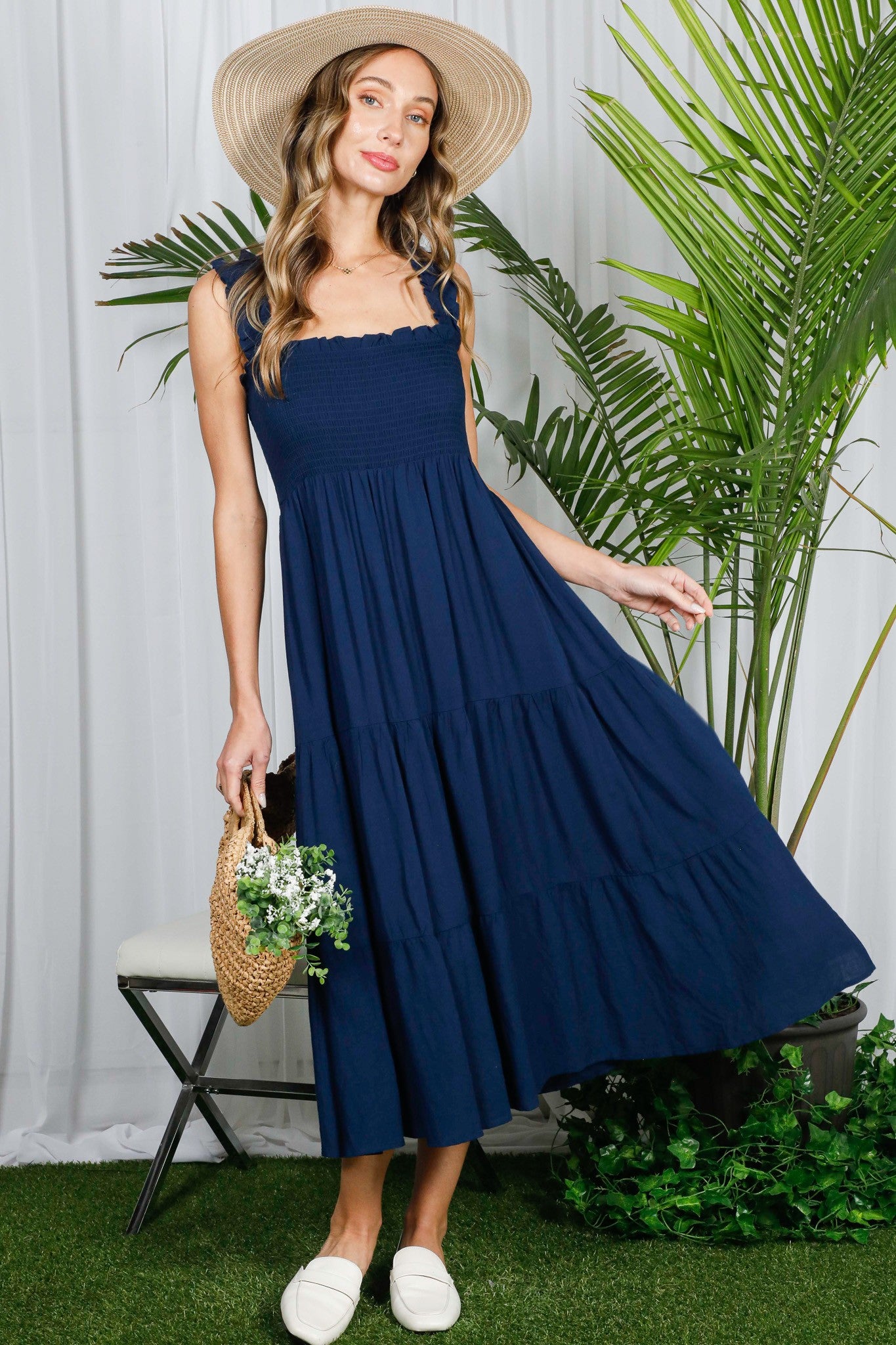 Navy Smocked Ruffle Strap Tiered Maternity Midi Dress