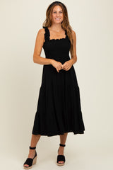 Black Smocked Ruffle Strap Tiered Maternity Midi Dress