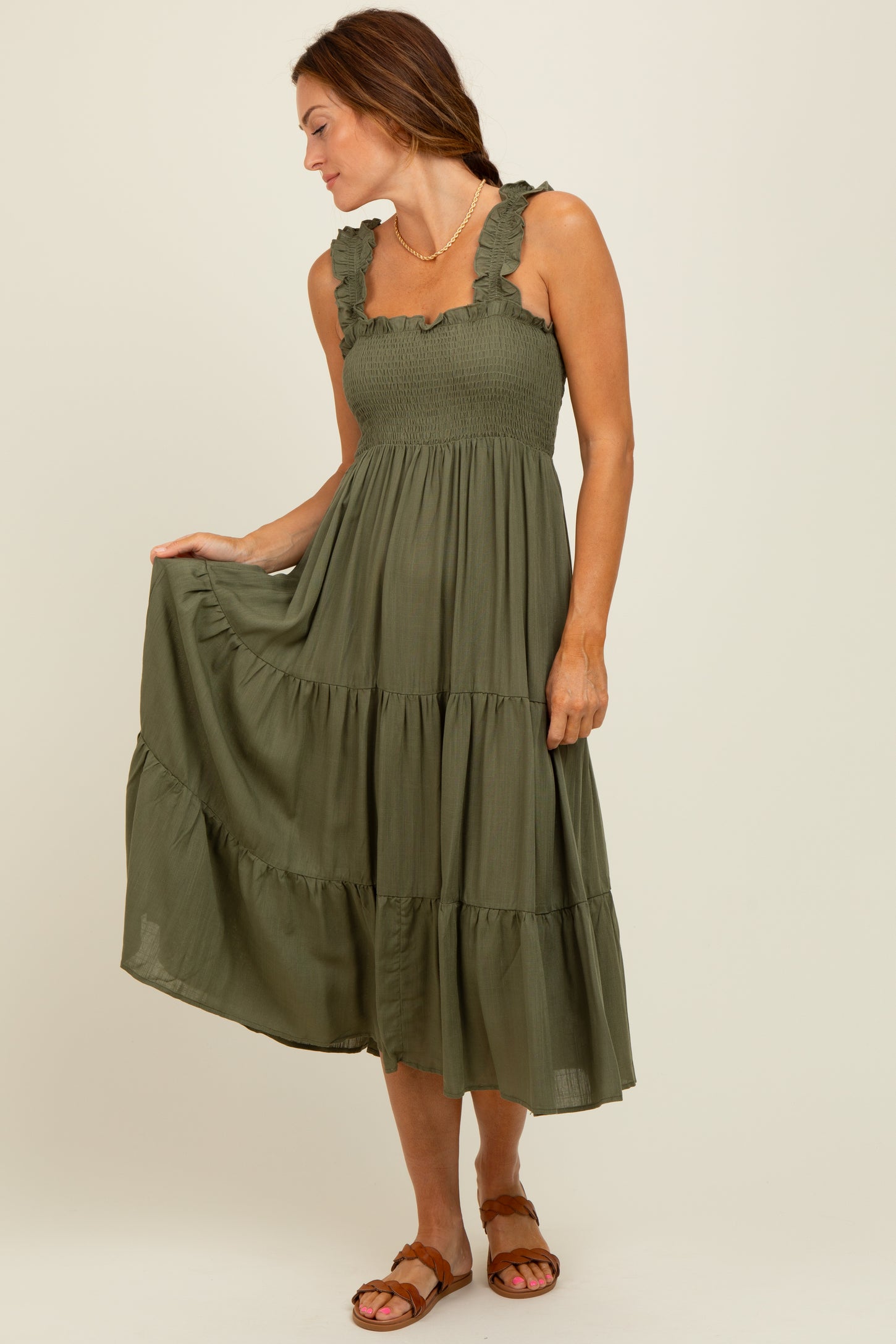 Olive Smocked Ruffle Strap Tiered Midi Dress