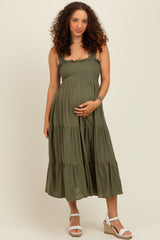 Olive Smocked Ruffle Strap Tiered Maternity Midi Dress