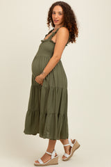 Olive Smocked Ruffle Strap Tiered Maternity Midi Dress