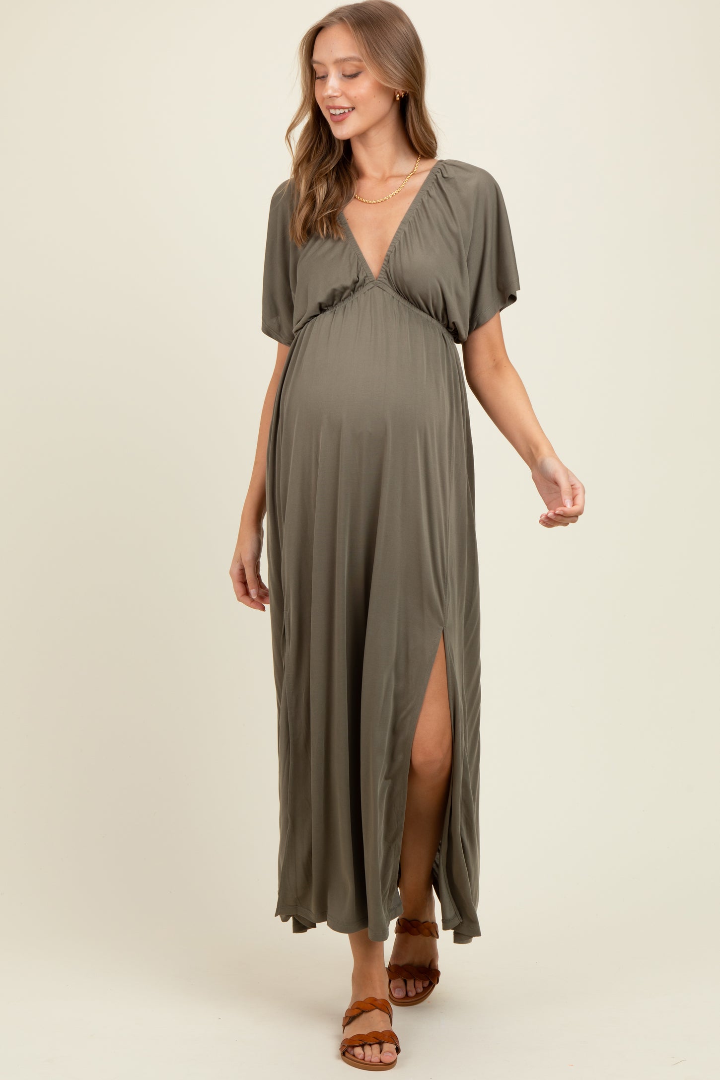 flutter sleeve v neck dress Stone Blue V-Neck Maxi with Ric-Rac Pattern type Black Stretch Deep V Flutter