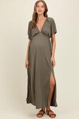 Olive V-Neck Flutter Sleeve Side Slit Maternity Maxi Dress
