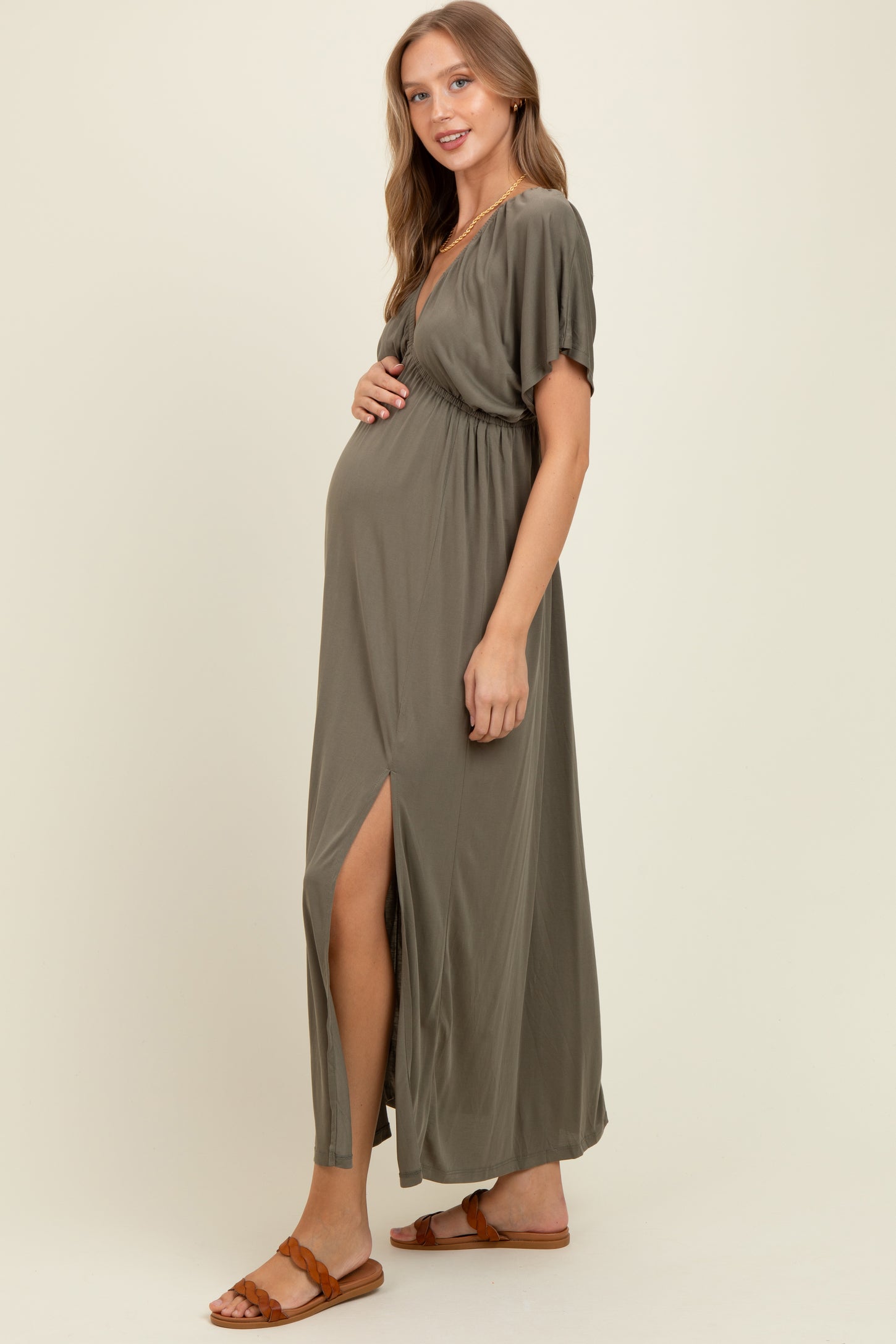 Olive V-Neck Flutter Sleeve Side Slit Maternity Maxi Dress