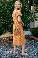 Orange Embroidered Floral Puff Sleeve Midi Dress