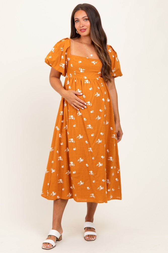 Orange Embroidered Floral Puff Sleeve Maternity Midi Dress