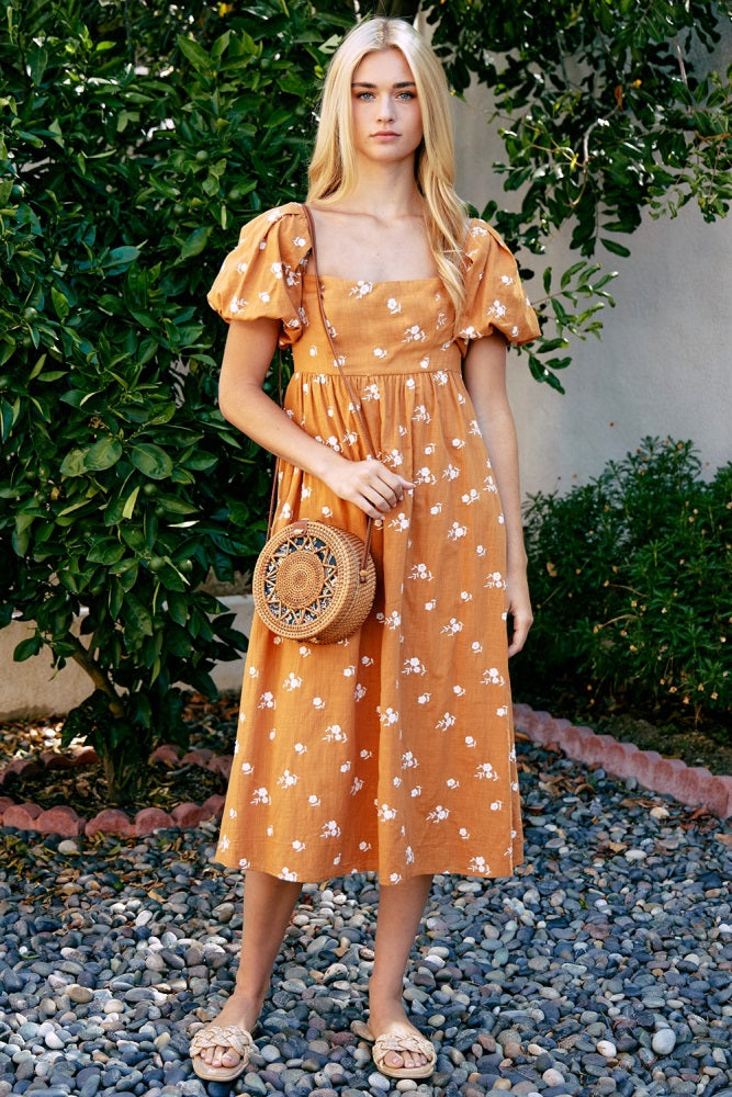 Orange Embroidered Floral Puff Sleeve Maternity Midi Dress
