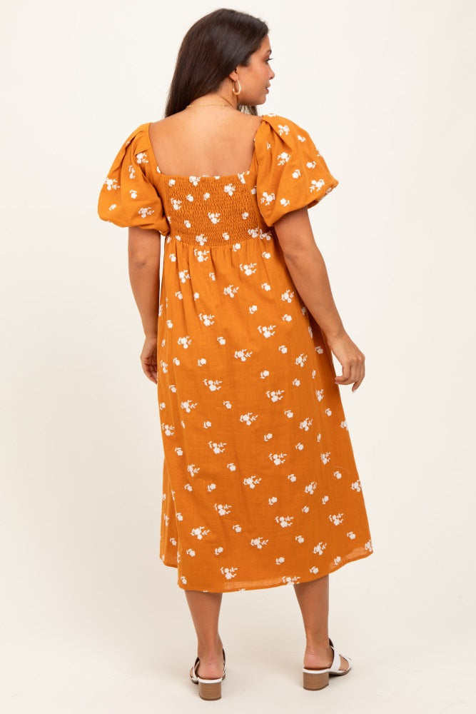 Orange Embroidered Floral Puff Sleeve Maternity Midi Dress