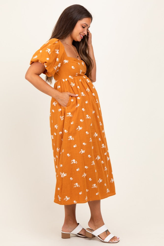 Orange Embroidered Floral Puff Sleeve Maternity Midi Dress