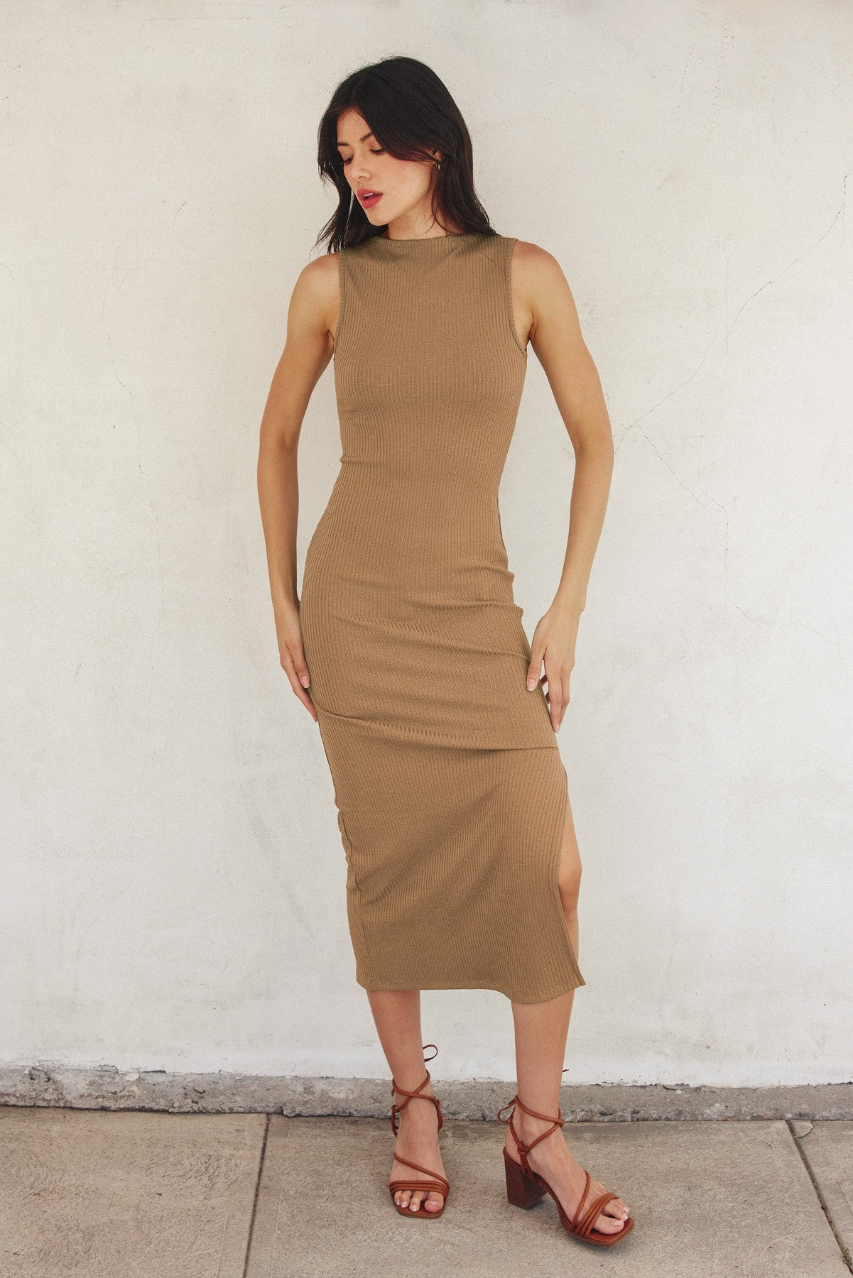 Light Taupe Mock Neck Side Slit Midi Dress – PinkBlush