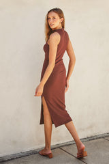 Mocha Mock Neck Side Slit Midi Dress