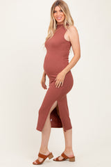 Mocha Mock Neck Side Slit Maternity Midi Dress