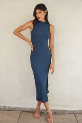 Blue Mock Neck Side Slit Maternity Midi Dress