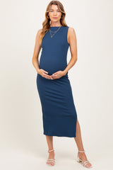 Blue Mock Neck Side Slit Maternity Midi Dress