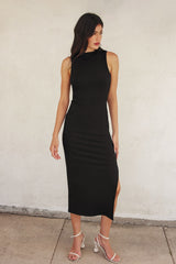 Black Mock Neck Side Slit Midi Dress