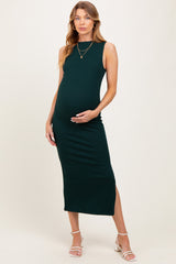 Forest Green Mock Neck Side Slit Maternity Midi Dress