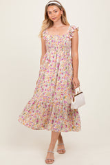 Multi Color Floral Flutter Sleeve Smocked Midi Dress