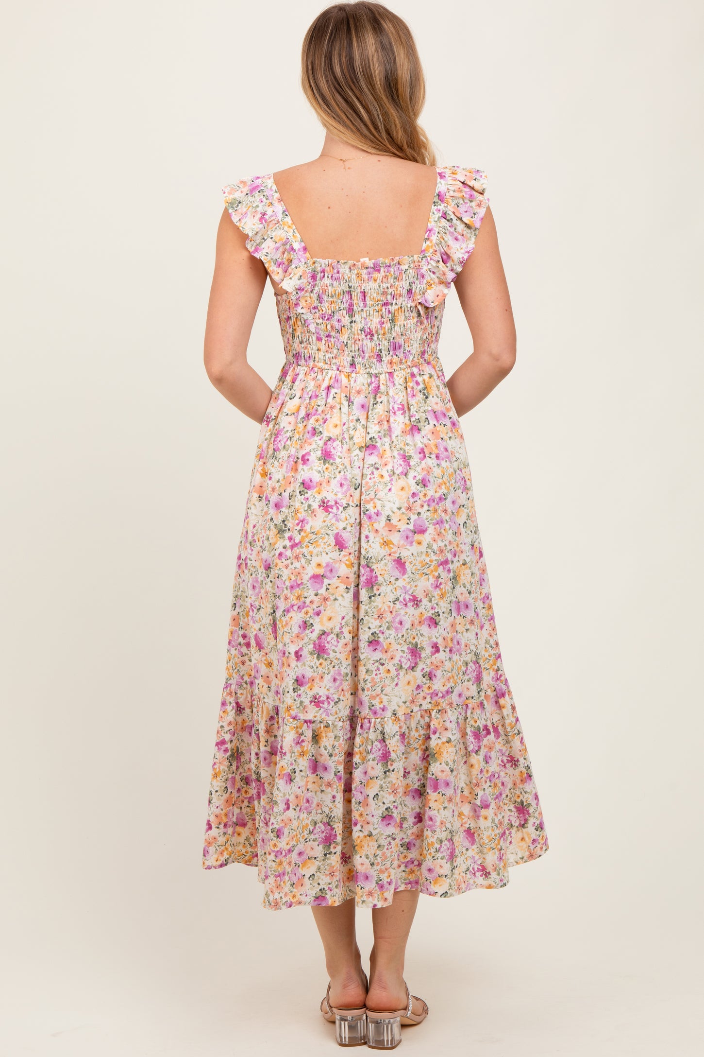 Multi Color Floral Flutter Sleeve Smocked Midi Dress