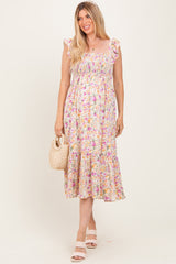 Multi Color Floral Flutter Sleeve Smocked Maternity Midi Dress
