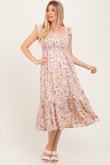 Multi Color Floral Flutter Sleeve Smocked Maternity Midi Dress